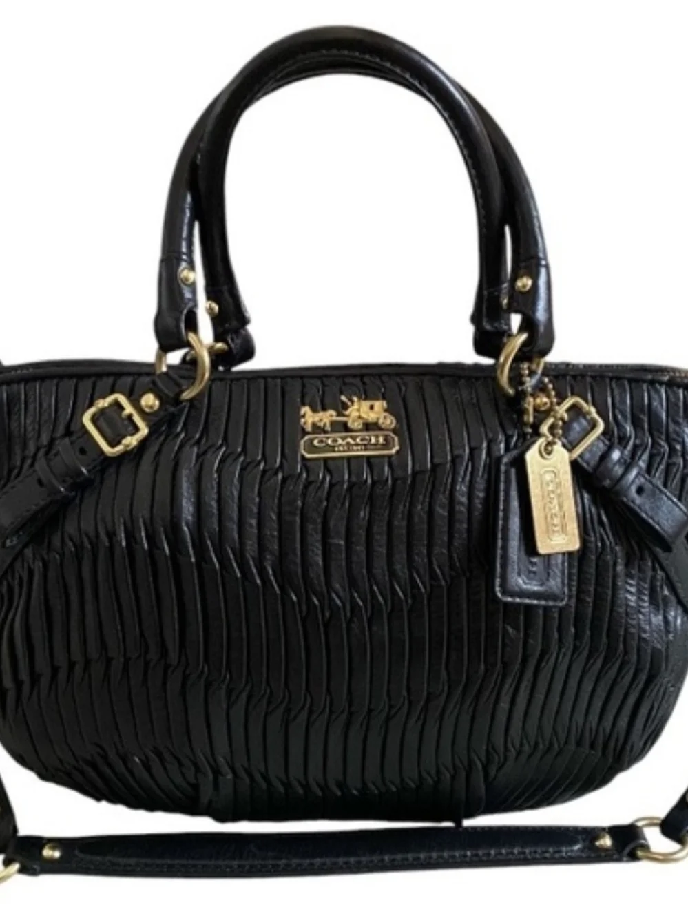 Coach Black Leather Pleated Satchel with Gold Accents